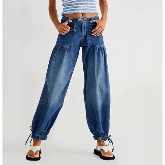 Free People Lotus Jeans Cargo Pants Barrel Slouchy Utility Baggy in Indigo Blue - Picture 1 of 12